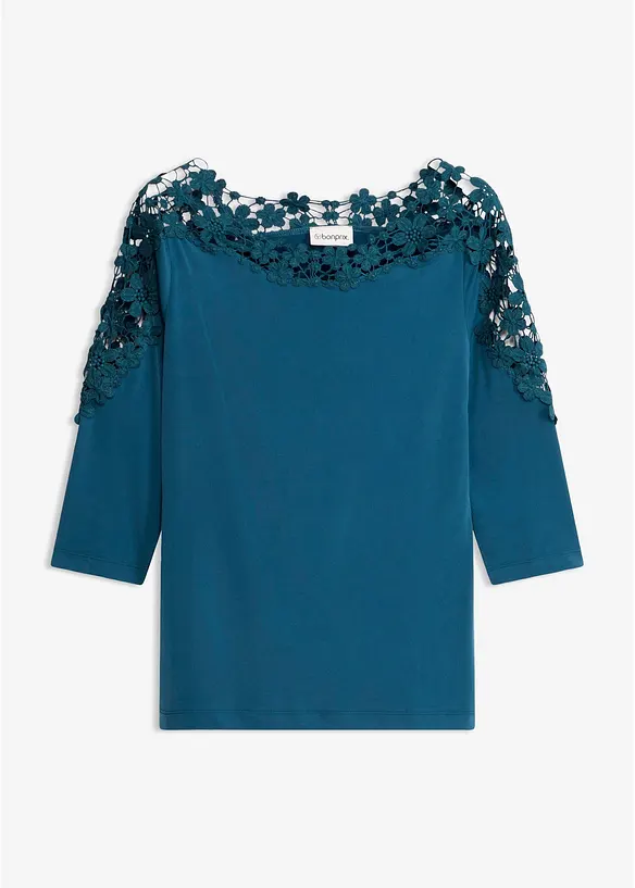 Shirt mit Häkeleinsatz und 3/4 Arm in petrol von vorne - bonprix