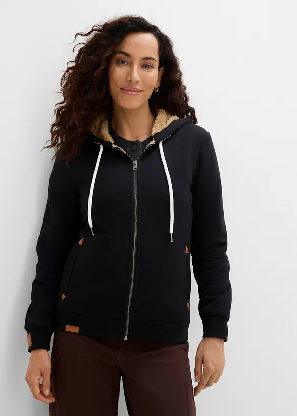 Kapuzen-Sweatjacke mit Teddyfutter in schwarz von vorne (im Anschnitt) - bonprix Kapuzen-Sweatjacke mit Teddyfutter in schwarz von vorne (im Anschnitt) - bonprix