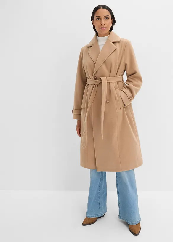 Winter-Trenchcoat in Wolloptik in braun von vorne (Totalaufnahme) - bonprix