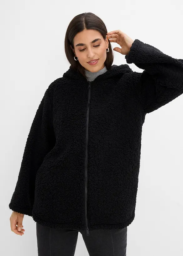 Teddy-Fleece Jacke in A-Linie mit Seitenschlitzen in schwarz von vorne (im Anschnitt) - bonprix