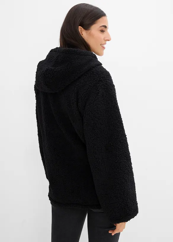 Teddy-Fleece Jacke in A-Linie mit Seitenschlitzen in schwarz von hinten (im Anschnitt) - bonprix