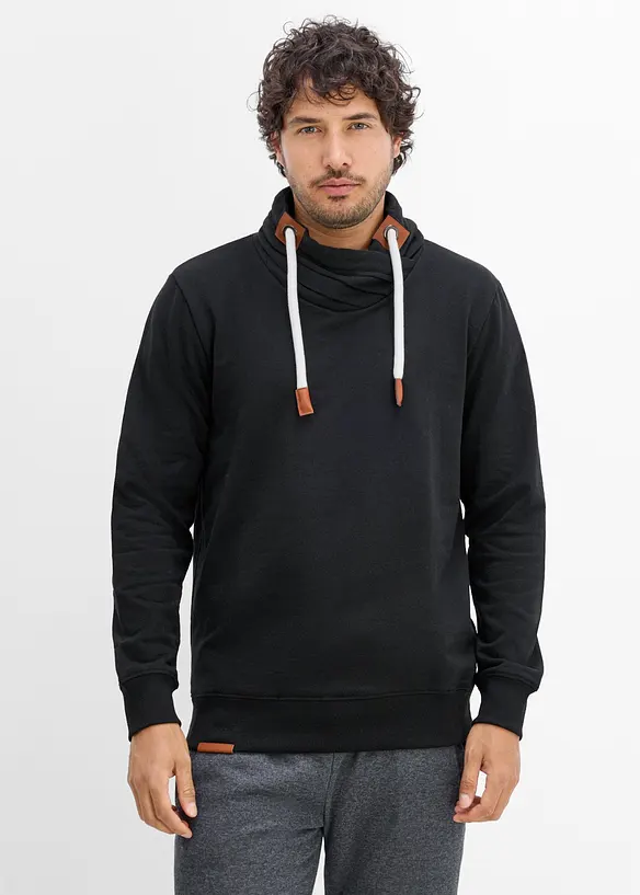 Schalkragen-Sweatshirt mit Lederimitat Details in schwarz von vorne (im Anschnitt) - bonprix