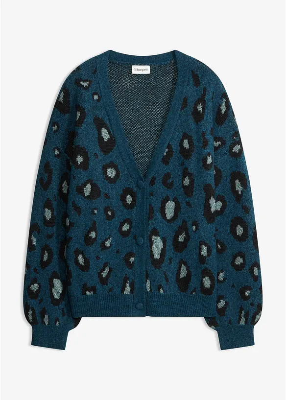 Strickjacke mit Jacquardmuster in petrol von vorne - bonprix
