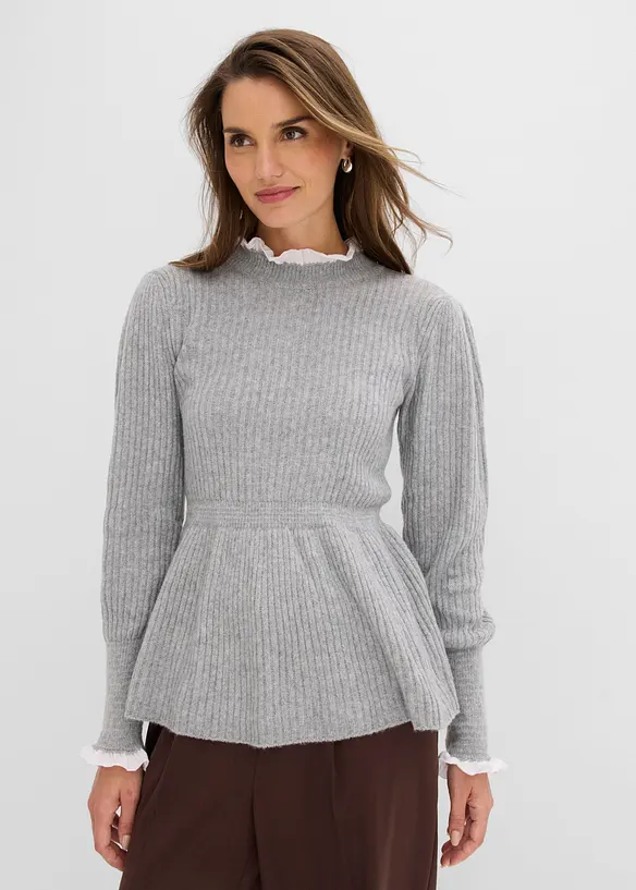 Pullover mit Blusen-Einsatz in grau von vorne (im Anschnitt) - bonprix