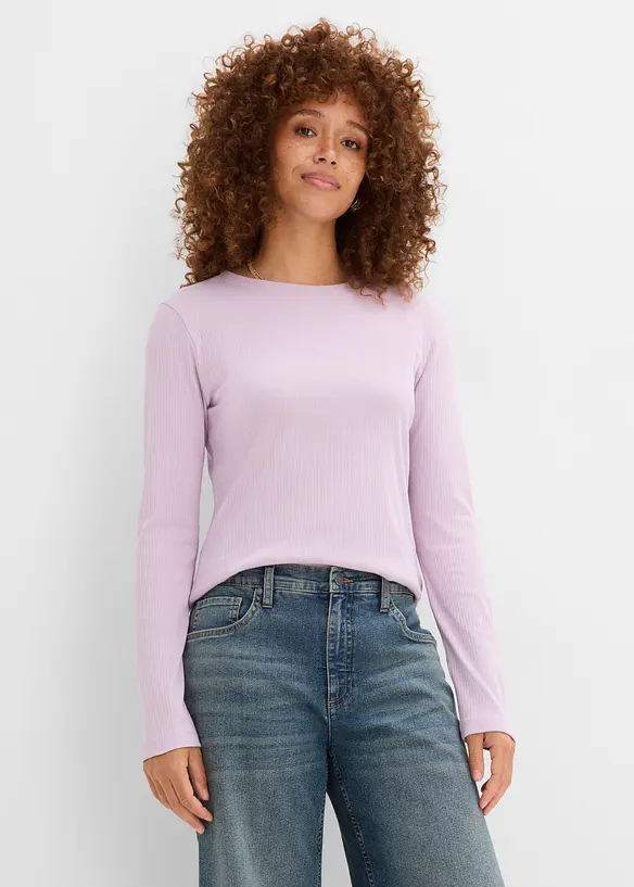 Geripptes Langarmshirt aus reiner Baumwolle in lila von vorne (im Anschnitt) - bonprix Geripptes Langarmshirt aus reiner Baumwolle in lila von vorne (im Anschnitt) - bonprix