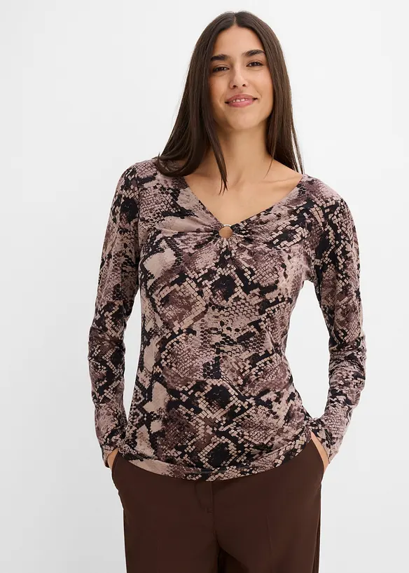Langarmshirt mit Accessoire in braun von vorne (im Anschnitt) - bonprix