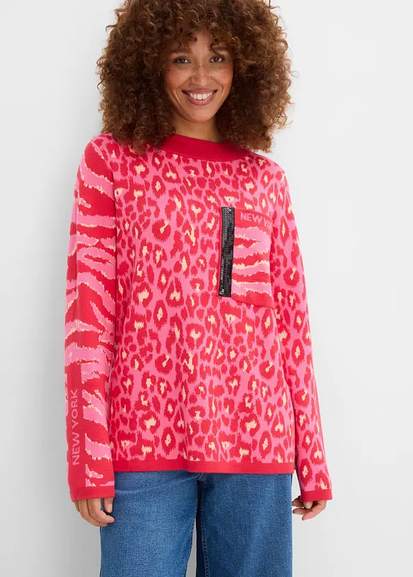 Feinstrickpullover im Animal-Design in rot von vorne (im Anschnitt) - bonprix