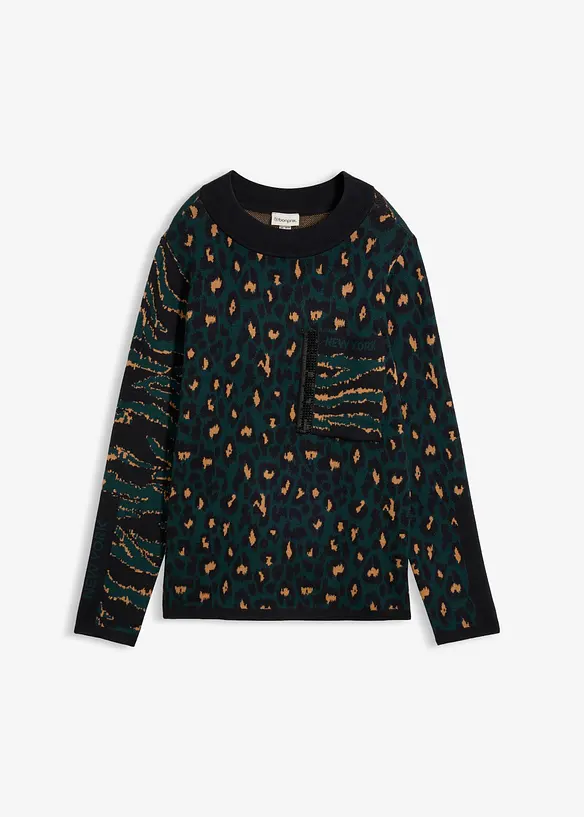 Feinstrickpullover im Animal-Design in grün von vorne - bonprix