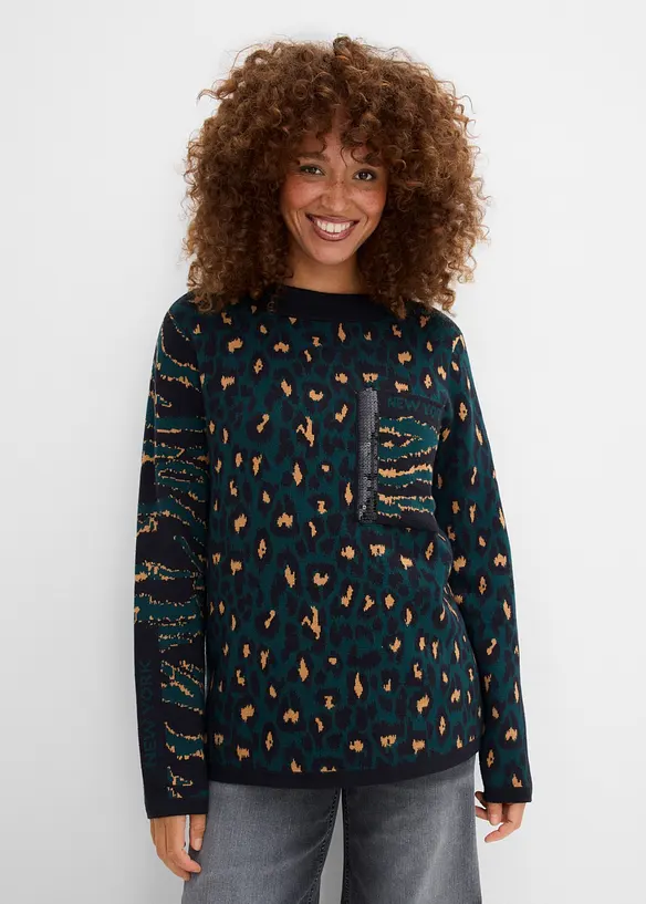 Feinstrickpullover im Animal-Design in grün von vorne (im Anschnitt) - bonprix