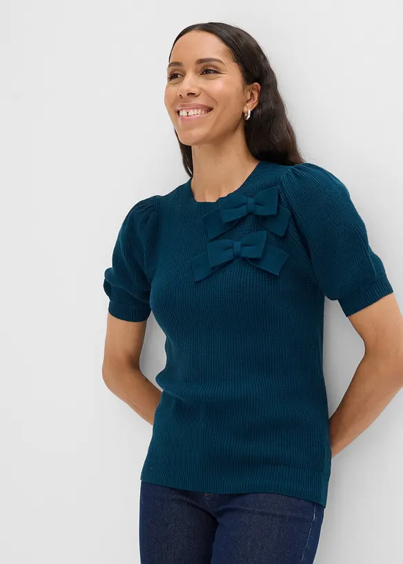 Pullover mit Schleifen-Applikation in petrol von vorne (im Anschnitt) - bonprix Pullover mit Schleifen-Applikation in petrol von vorne (im Anschnitt) - bonprix