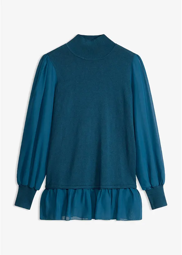 Feinstrickpullover mit Blusen-Einsatz in petrol von vorne - bonprix