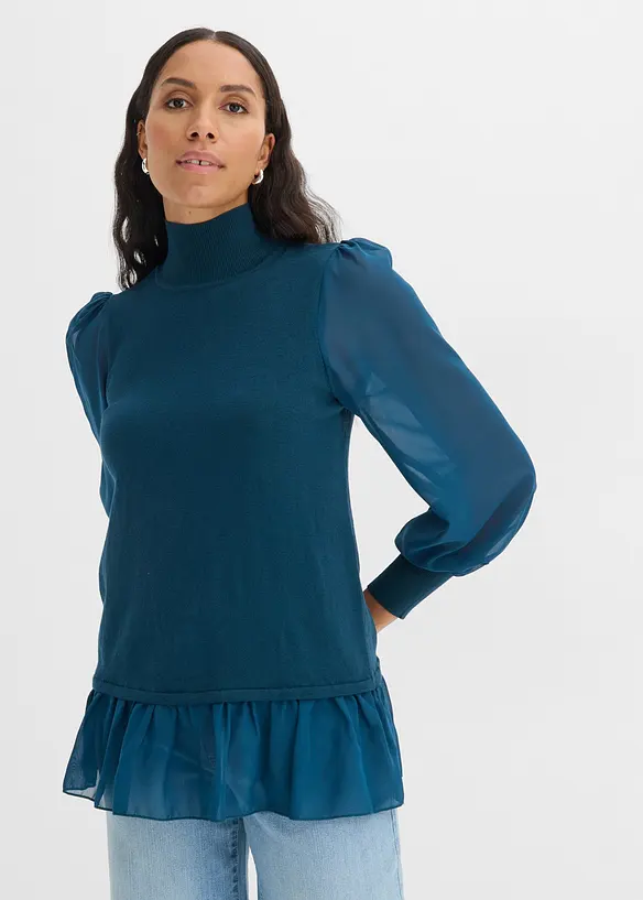 Feinstrickpullover mit Blusen-Einsatz in petrol von vorne (im Anschnitt) - bonprix
