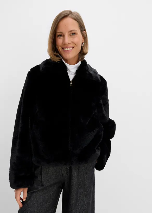 Fellimitat-Jacke in schwarz von vorne (im Anschnitt) - bonprix