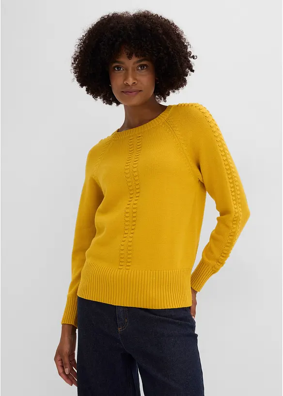 Fledermaus-Pullover mit Viskose-Anteil in gelb von vorne (im Anschnitt) - bonprix