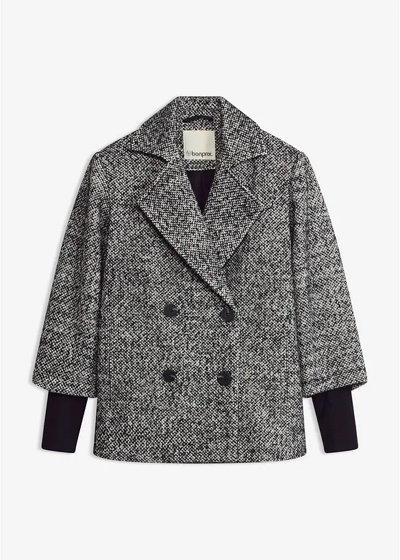 Cabanjacke in Tweedoptik mit Strickstulpen in schwarz von vorne - bonprix