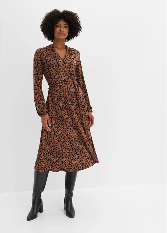 Jerseykleid mit Bindeband (2.tlg-Set) im Leo Look in beige von vorne (Totalaufnahme) - bonprix Jerseykleid mit Bindeband (2.tlg-Set) im Leo Look in beige von vorne (Totalaufnahme) - bonprix