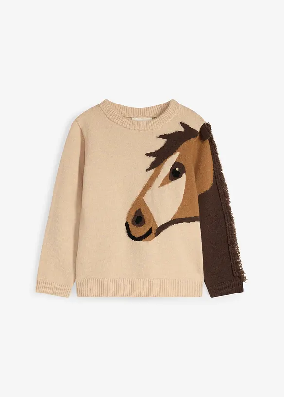 Grobstrick-Pullover mit Pferdemotiv in beige von vorne - bonprix