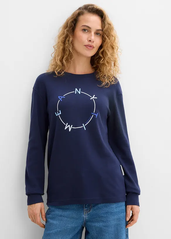 Langarmshirt mit schwerer Baumwolle in blau von vorne (im Anschnitt) - bonprix