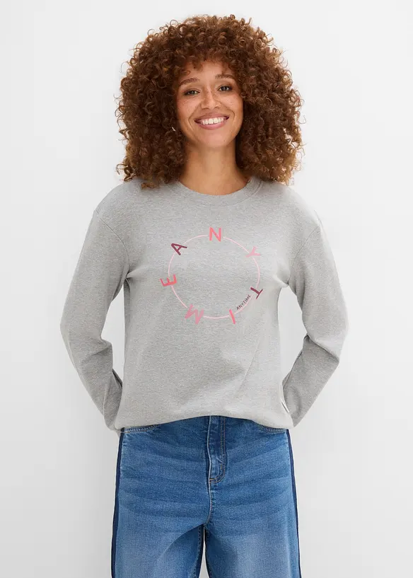 Langarmshirt mit schwerer Baumwolle in grau von vorne (im Anschnitt) - bonprix