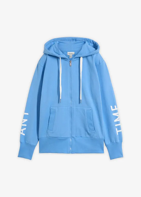 Kapuzen-Sweatjacke aus elastischem Bio-Baumwoll-Mix in blau von vorne - bonprix