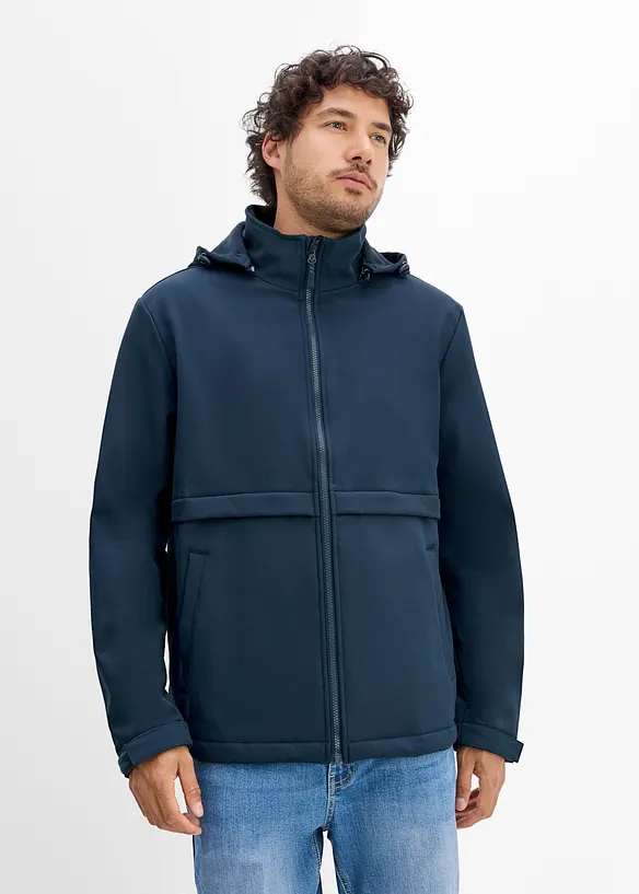 Wasserabweisende Softshelljacke mit abnehmbarer Kapuze in blau von vorne (im Anschnitt) - bonprix