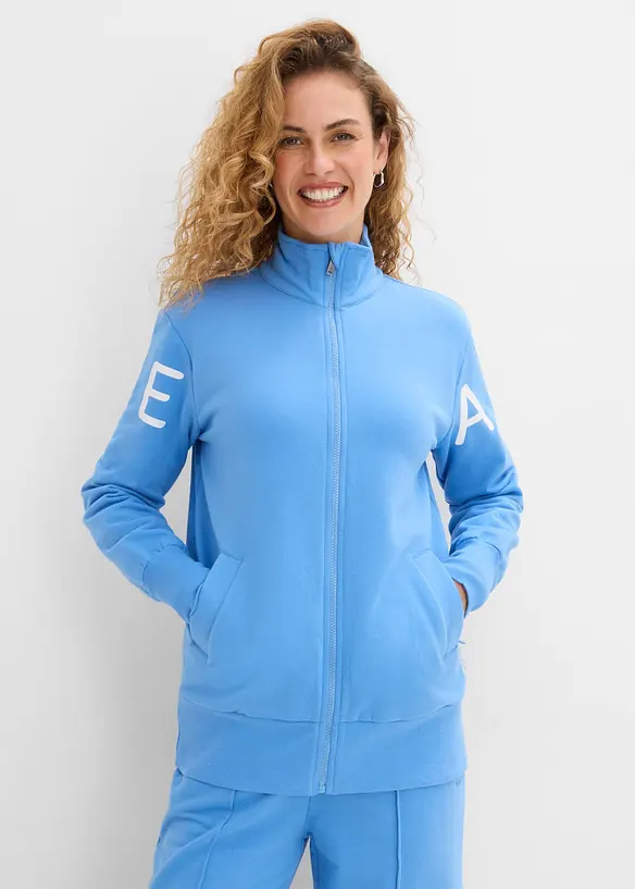 Sweatjacke aus elastischem Bio-Baumwoll-Mix in blau von vorne (im Anschnitt) - bonprix Sweatjacke aus elastischem Bio-Baumwoll-Mix in blau von vorne (im Anschnitt) - bonprix