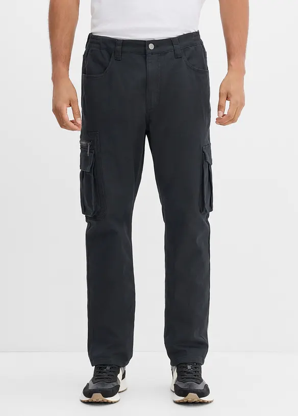 Classic Fit Stretch-Cargohose mit Dehnbund, Straight in schwarz von vorne - bonprix