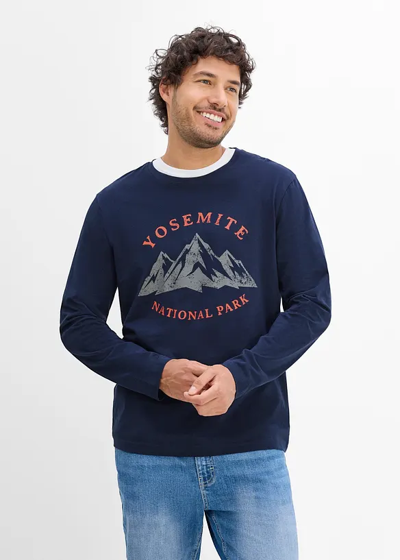 Langarmshirt aus reiner Bio-Baumwolle in blau von vorne (im Anschnitt) - bonprix