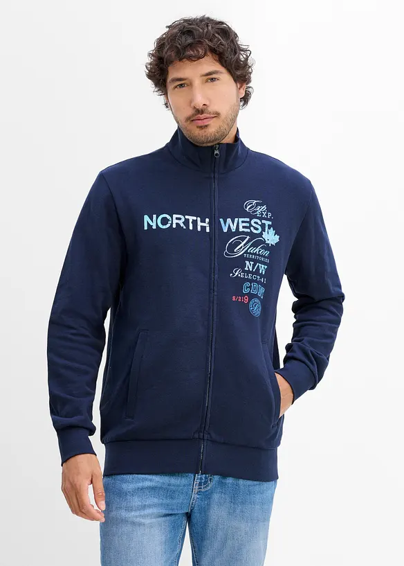 Sweatjacke mit Stehkragen aus reiner Baumwolle in blau von vorne (im Anschnitt) - bonprix Sweatjacke mit Stehkragen aus reiner Baumwolle in blau von vorne (im Anschnitt) - bonprix
