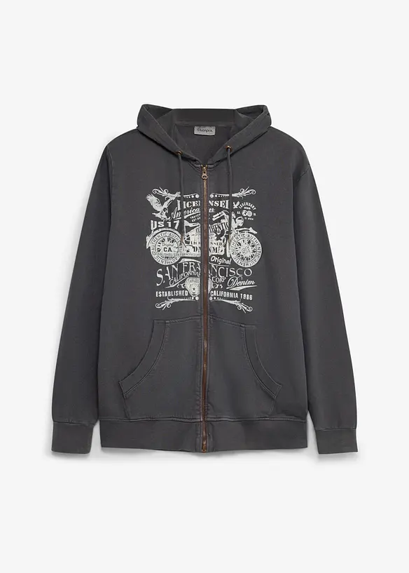 Kapuzen-Sweatjacke aus reiner Baumwolle in grau von vorne - bonprix