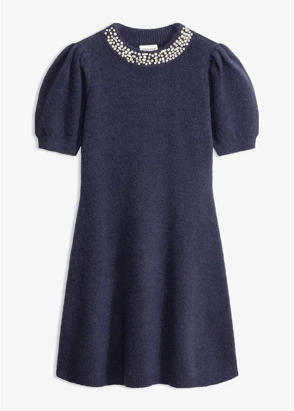 Strickkleid mit Strass-Applikation in blau von vorne - bonprix