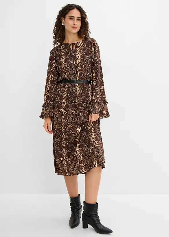 Midikleid mit Gürtel aus feinem Viskose-Mix in braun von vorne (Totalaufnahme) - bonprix Midikleid mit Gürtel aus feinem Viskose-Mix in braun von vorne (Totalaufnahme) - bonprix