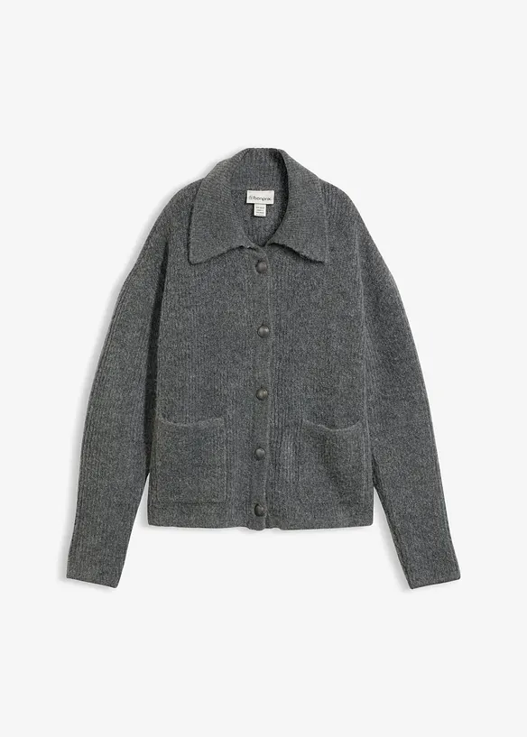 Strickjacke aus flauschigem Rippstrick in grau von vorne - bonprix