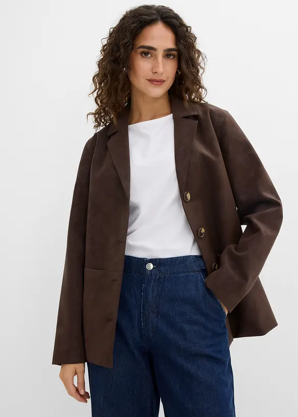 Veloursleder-Imitat-Blazer in braun von vorne (im Anschnitt) - bonprix