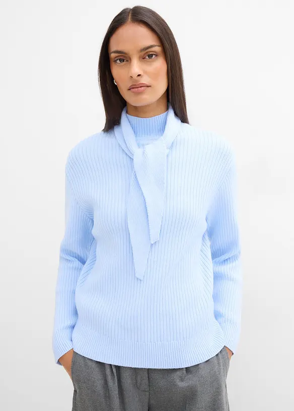 Grobstrick-Pullover mit Turtleneck und Schaldetail in blau von vorne (im Anschnitt) - bonprix