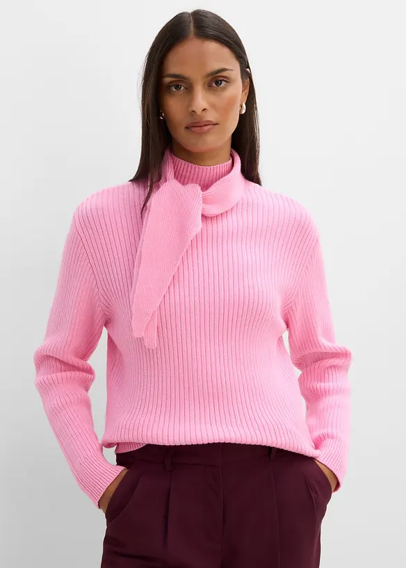 Grobstrick-Pullover mit Turtleneck und Schaldetail in rosa von vorne (im Anschnitt) - bonprix