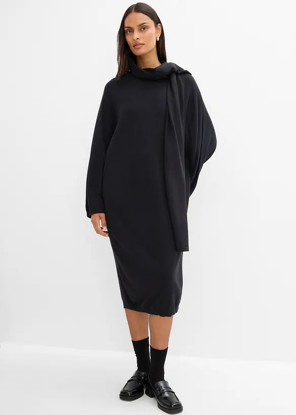 Strickkleid mit Schaldetail aus Viskose-Mix in schwarz von vorne (Totalaufnahme) - bonprix Strickkleid mit Schaldetail aus Viskose-Mix in schwarz von vorne (Totalaufnahme) - bonprix