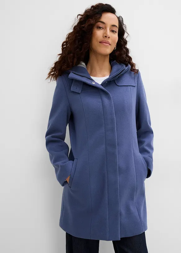 Wollimitat-Longjacke mit Flanell-Futter in blau von vorne (im Anschnitt) - bonprix