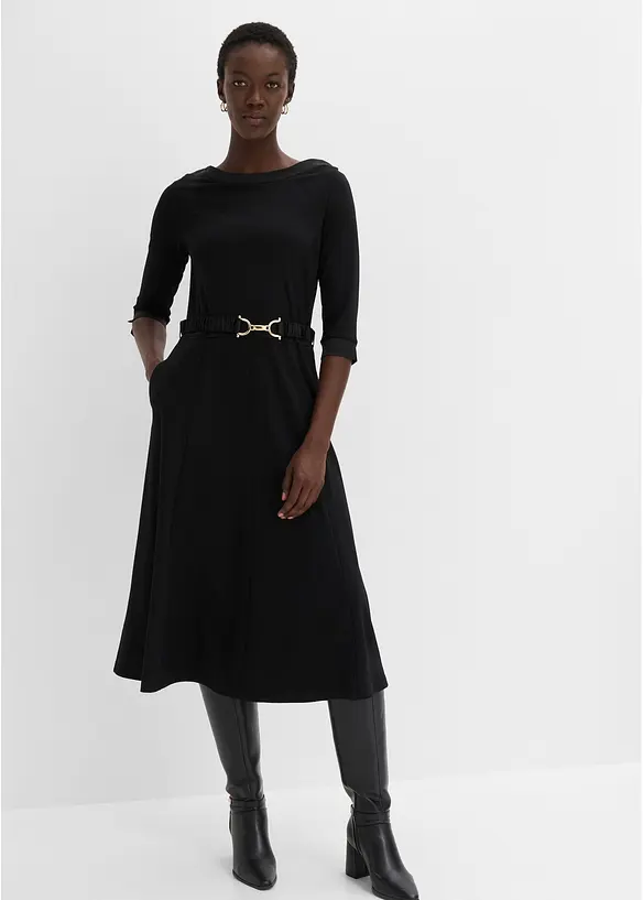 Kleid aus Punto di Roma mit Satin Gürtel in schwarz von vorne (Totalaufnahme) - bonprix Kleid aus Punto di Roma mit Satin Gürtel in schwarz von vorne (Totalaufnahme) - bonprix