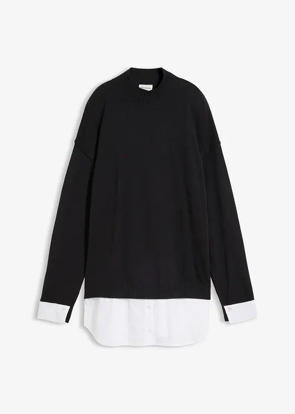 Oversize-Pullover mit Bluseneinsatz in schwarz von vorne - bonprix