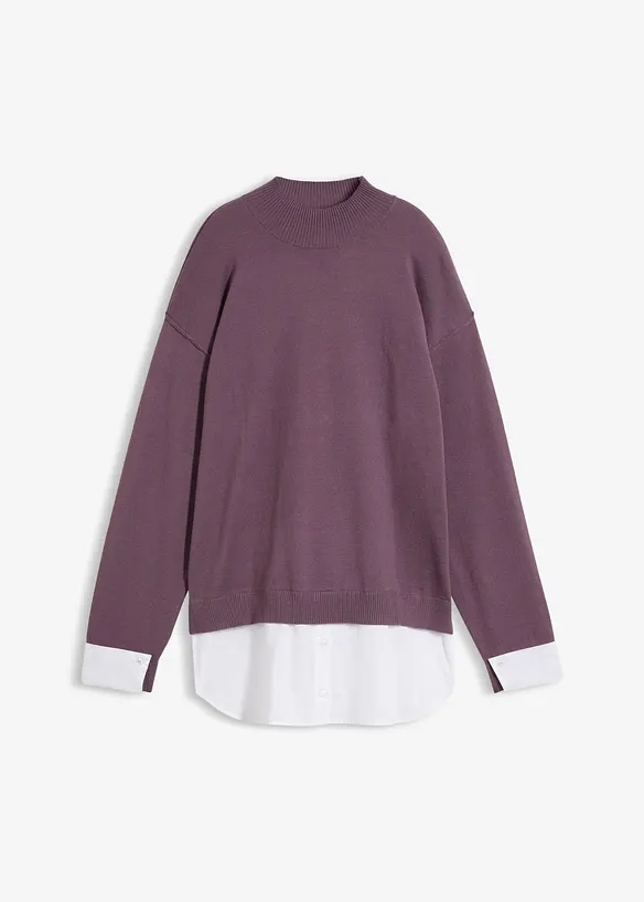 Oversize-Pullover mit Bluseneinsatz in lila von vorne - bonprix