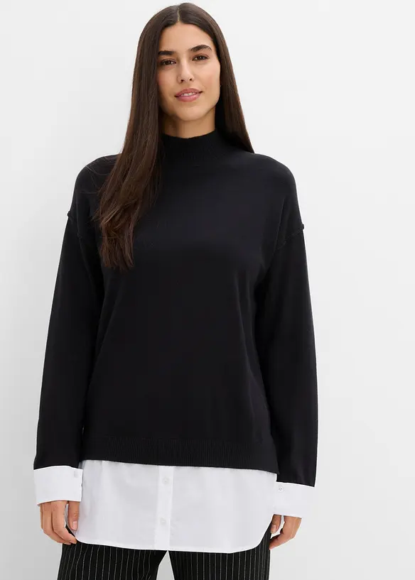 Oversize-Pullover mit Bluseneinsatz in schwarz von vorne (im Anschnitt) - bonprix