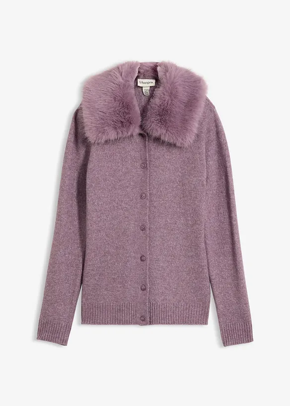 Taillierte Strickjacke mit Kunstfellkragen in lila von vorne - bonprix
