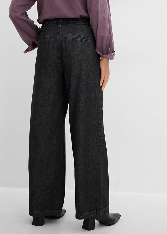 Wide-Leg-Jeans mit Bundfalten in schwarz von hinten - bonprix