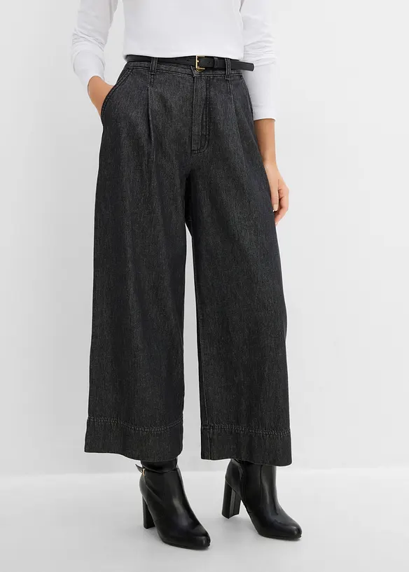 Verkürzte Wide-Leg-Jeans in schwarz von vorne - bonprix