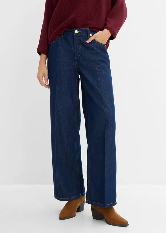 Wide-Leg-Jeans Mid Waist in blau von vorne - bonprix