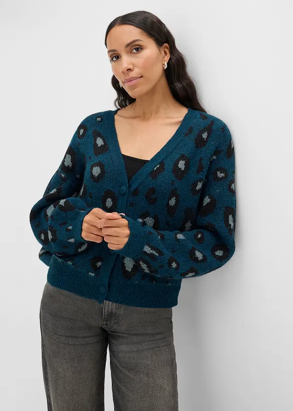 Strickjacke mit Jacquardmuster in petrol von vorne (im Anschnitt) - bonprix