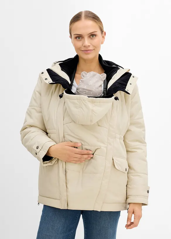 6-in-1 Umstands-Tragejacke mit herausnehmbarer Fleecejacke in beige von vorne (im Anschnitt) - bonprix