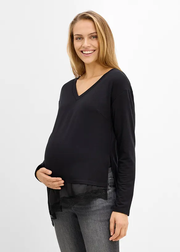 2-in-1 Umstands- und Stillshirt mit Spitze in schwarz von vorne (im Anschnitt) - bonprix