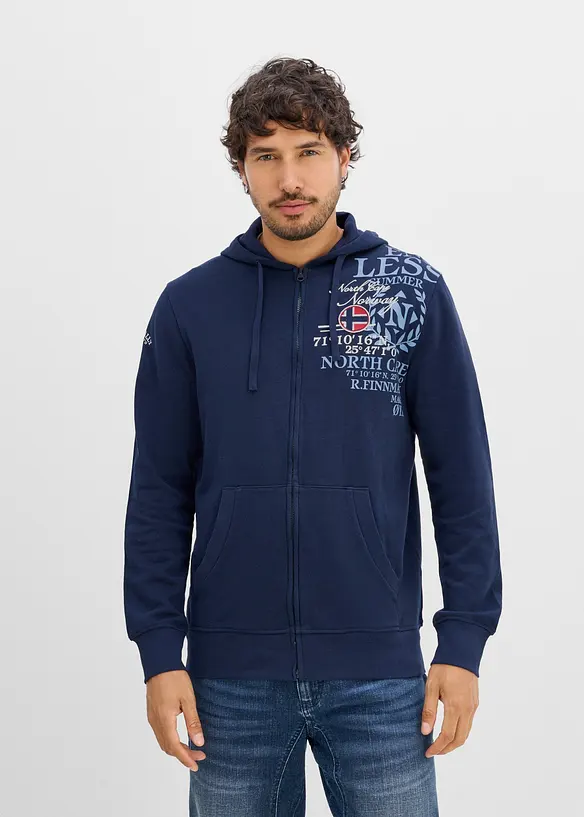 Kapuzen-Sweatjacke aus reiner Baumwolle in blau von vorne (im Anschnitt) - bonprix Kapuzen-Sweatjacke aus reiner Baumwolle in blau von vorne (im Anschnitt) - bonprix